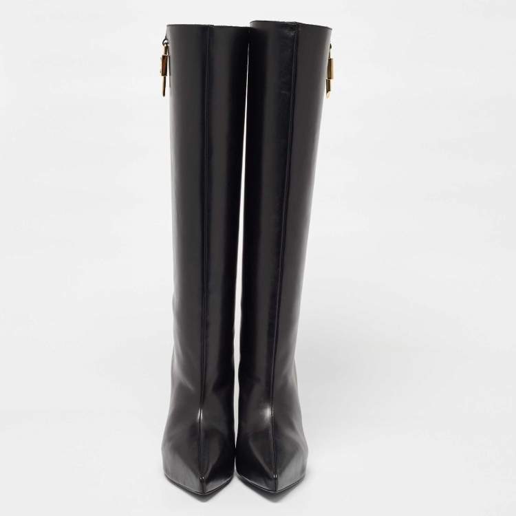 Pre Owned Givenchy Black Leather Wedge Knee Length Boots Size 37