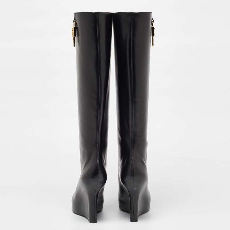 Pre Owned Givenchy Black Leather Wedge Knee Length Boots Size 37
