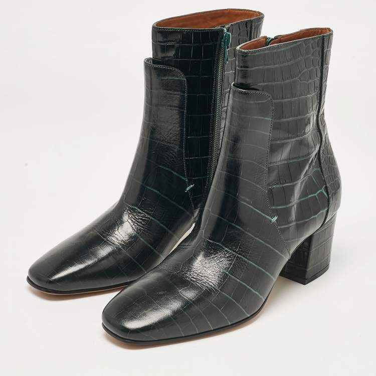 Pre Owned Givenchy Dark Green Croc Embossed Leather Ankle Boots Size 39