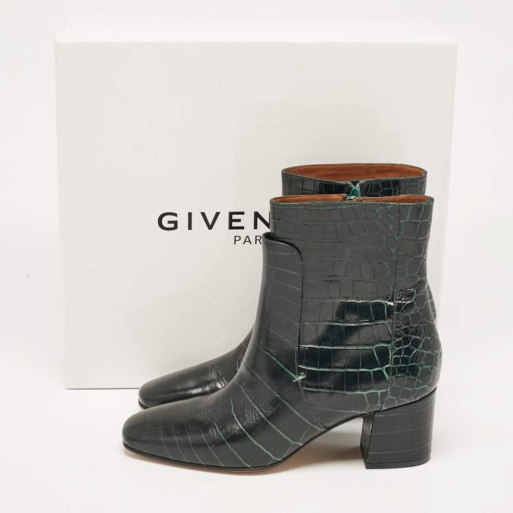 Pre Owned Givenchy Dark Green Croc Embossed Leather Ankle Boots Size 39