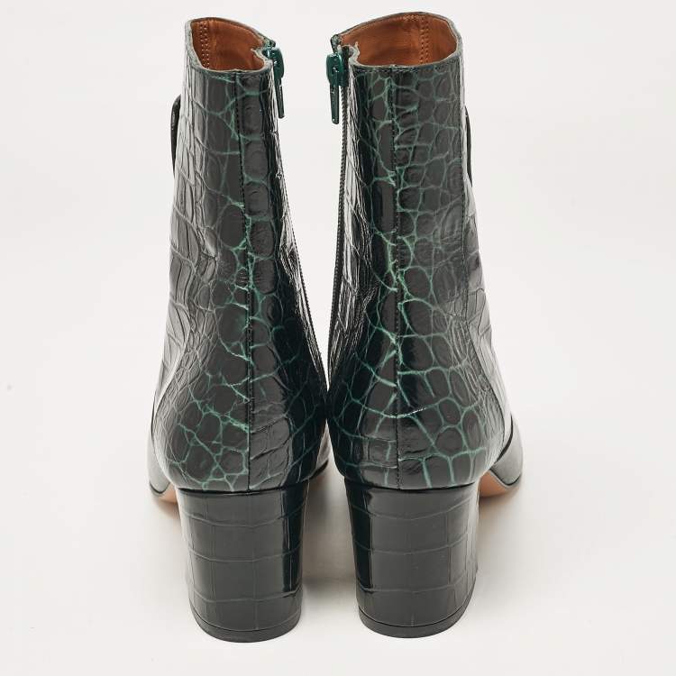 Pre Owned Givenchy Dark Green Croc Embossed Leather Ankle Boots Size 39