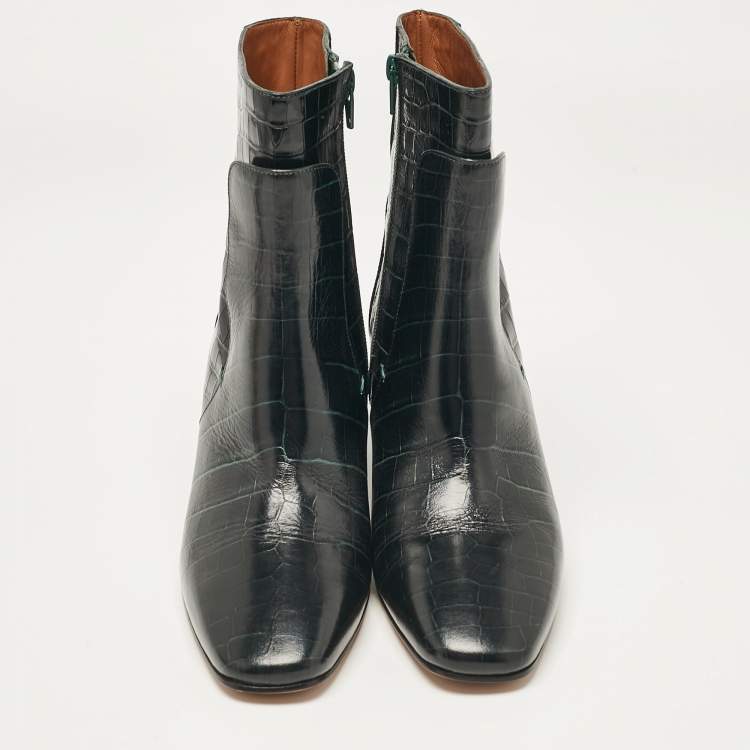Pre Owned Givenchy Dark Green Croc Embossed Leather Ankle Boots Size 39