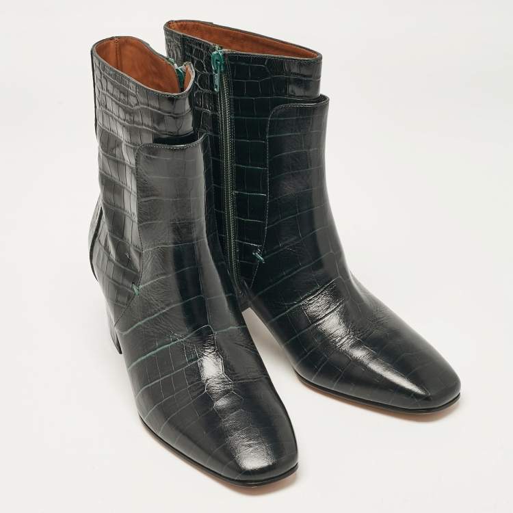 Pre Owned Givenchy Dark Green Croc Embossed Leather Ankle Boots Size 39