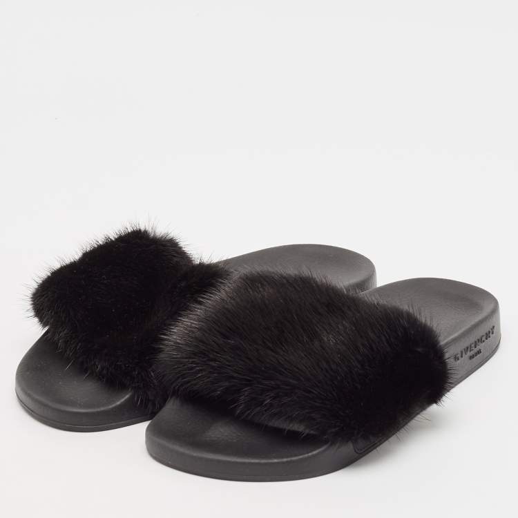 Pre Owned Givenchy Black Mink Fur Flat Slides Size 38