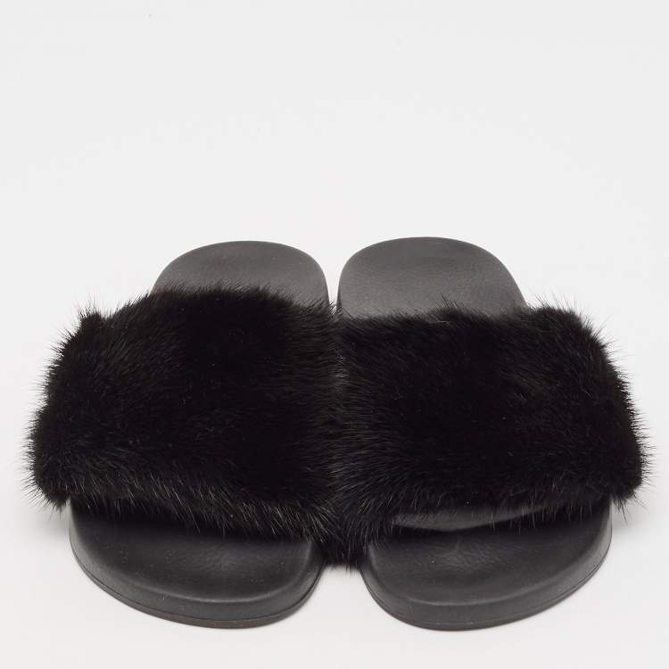 Pre Owned Givenchy Black Mink Fur Flat Slides Size 38