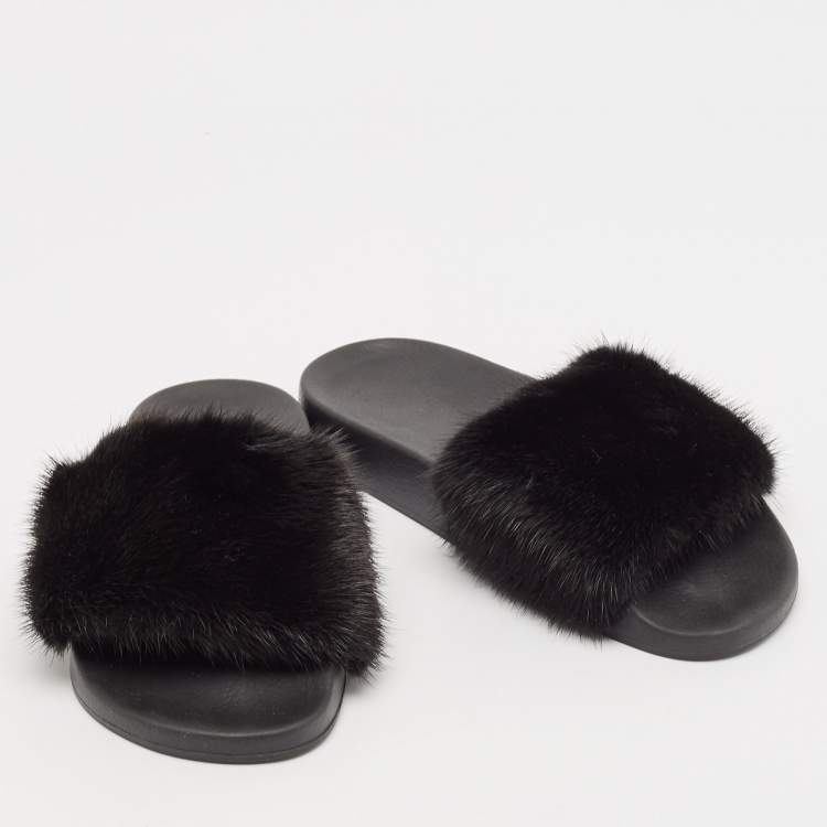Pre Owned Givenchy Black Mink Fur Flat Slides Size 38