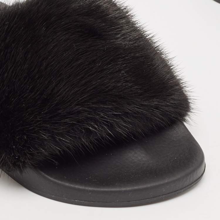 Pre Owned Givenchy Black Mink Fur Flat Slides Size 38