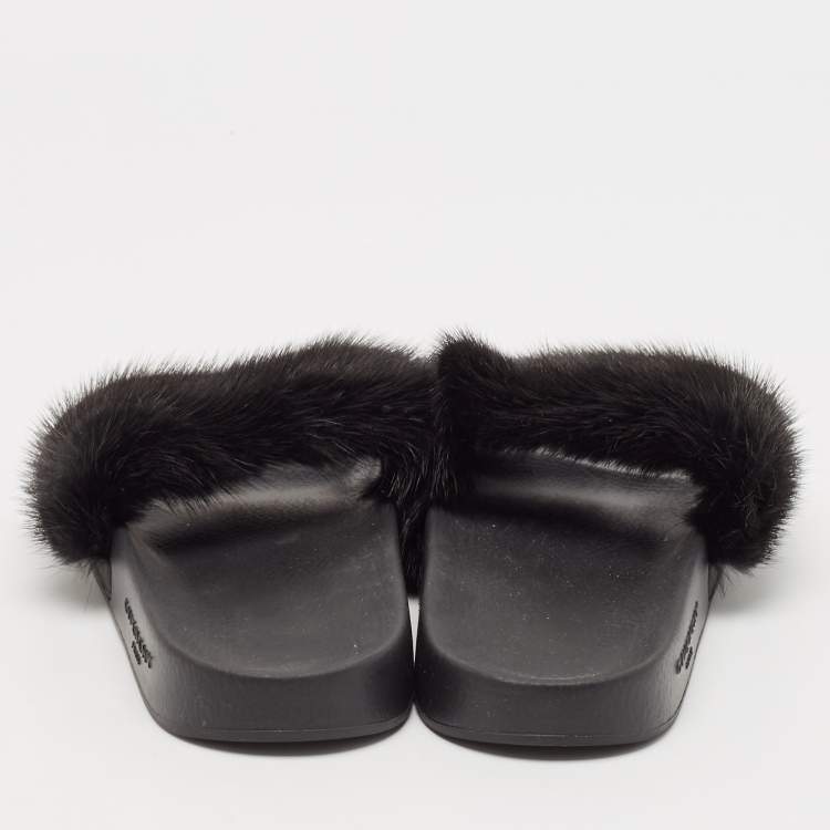 Pre Owned Givenchy Black Mink Fur Flat Slides Size 38