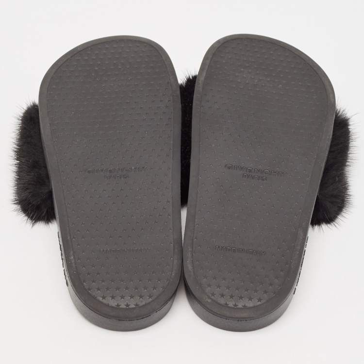 Pre Owned Givenchy Black Mink Fur Flat Slides Size 38
