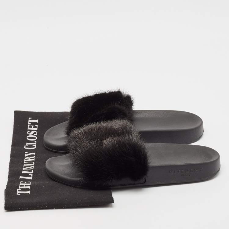 Pre Owned Givenchy Black Mink Fur Flat Slides Size 38