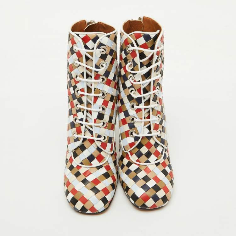 Pre Owned Givenchy Multicolor Woven Leather Lace Up Ankle Boots Size 38