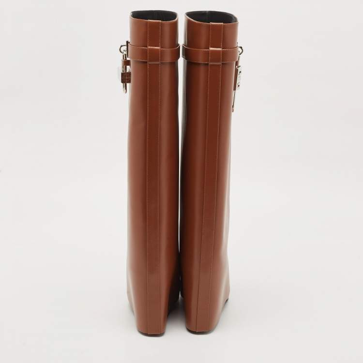 Pre Owned Givenchy Brown Leather Shark Lock Knee Length Boots Size 40