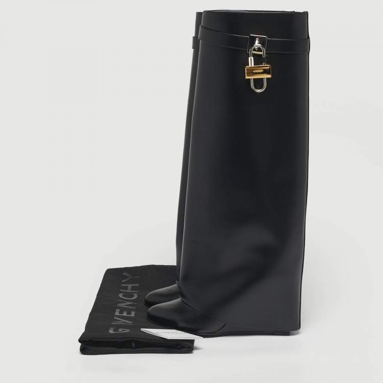 Pre Owned Givenchy Black Leather Shark Lock Wedge Knee High Boots Size 40