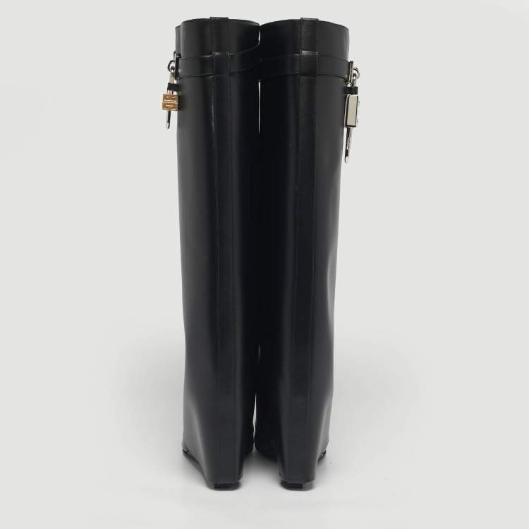Pre Owned Givenchy Black Leather Shark Lock Wedge Knee High Boots Size 40