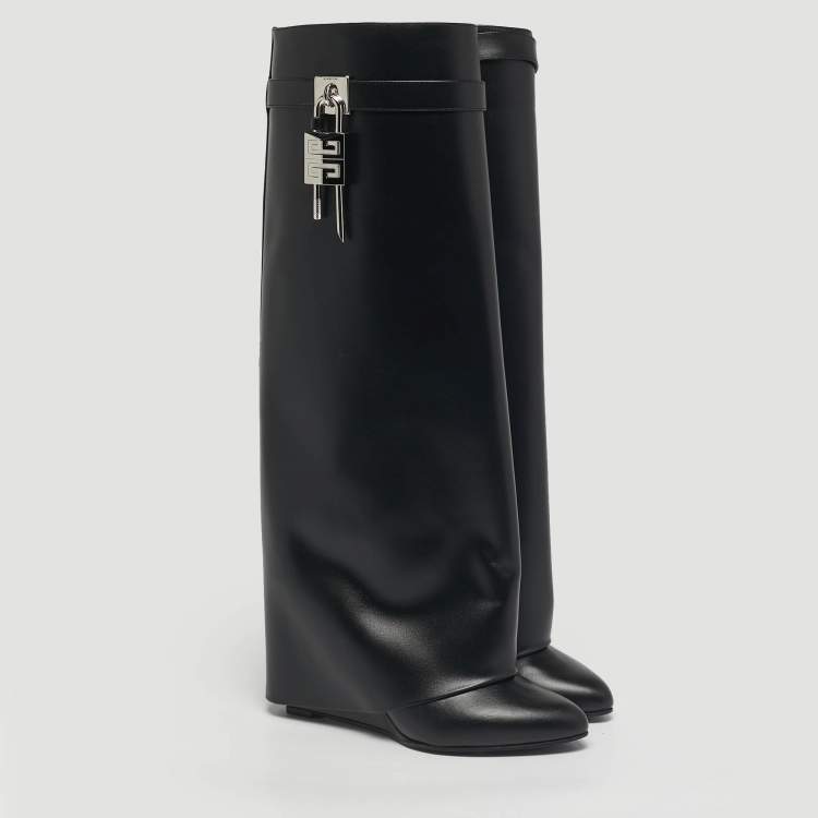 Pre Owned Givenchy Black Leather Shark Lock Wedge Knee High Boots Size 40