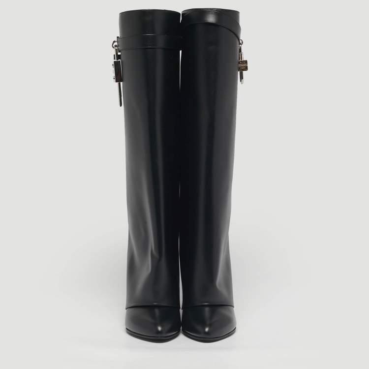 Pre Owned Givenchy Black Leather Shark Lock Wedge Knee High Boots Size 40