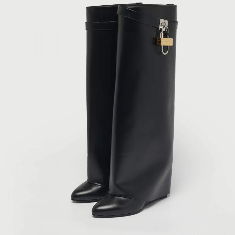 Pre Owned Givenchy Black Leather Shark Lock Wedge Knee High Boots Size 40