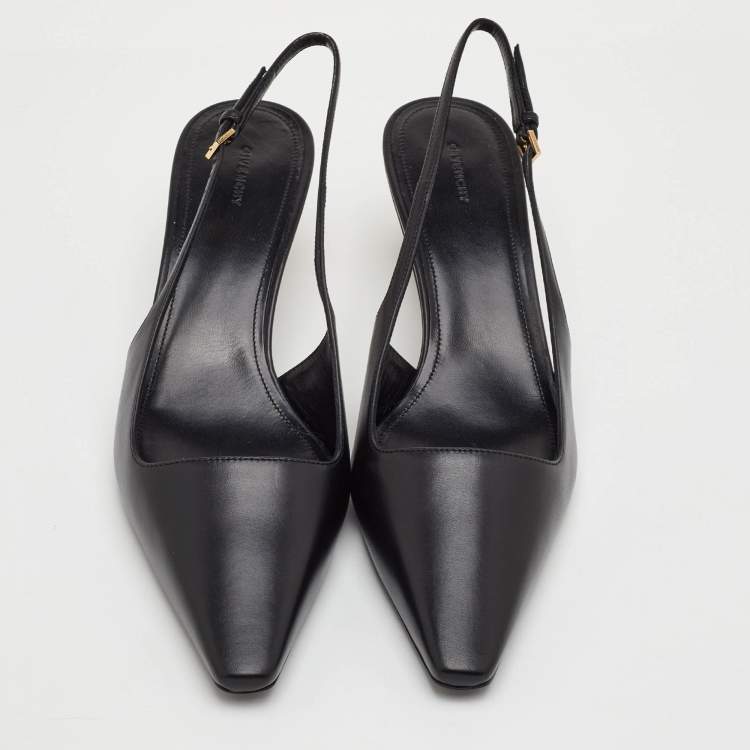 Pre Owned Givenchy G Cube Size 37.5 Black Leather Pointed Toe Slingback Pumps