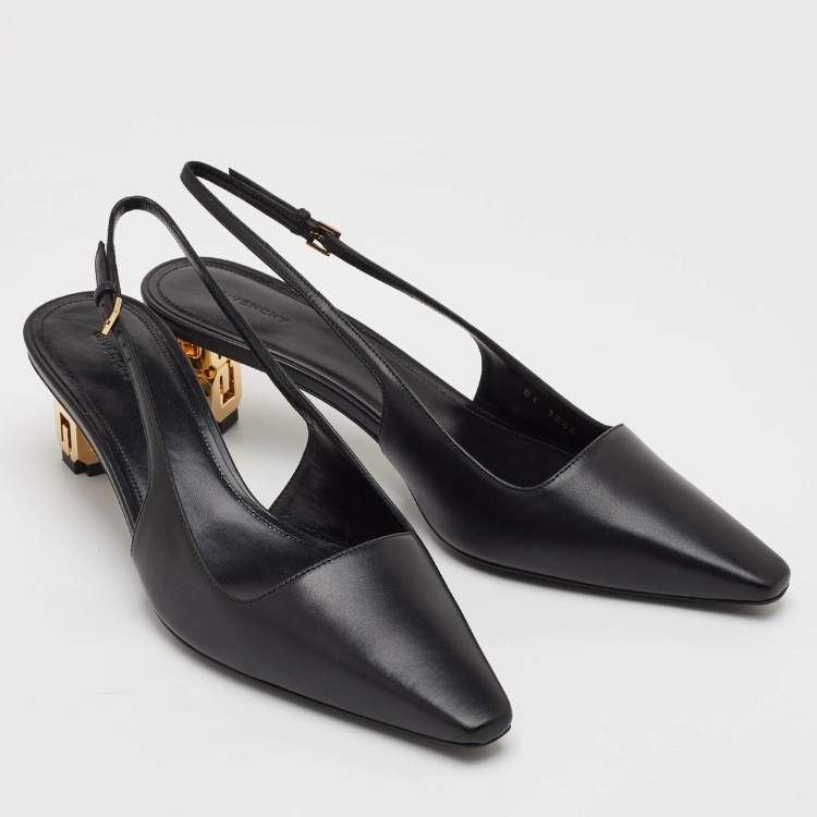 Pre Owned Givenchy G Cube Size 37.5 Black Leather Pointed Toe Slingback Pumps
