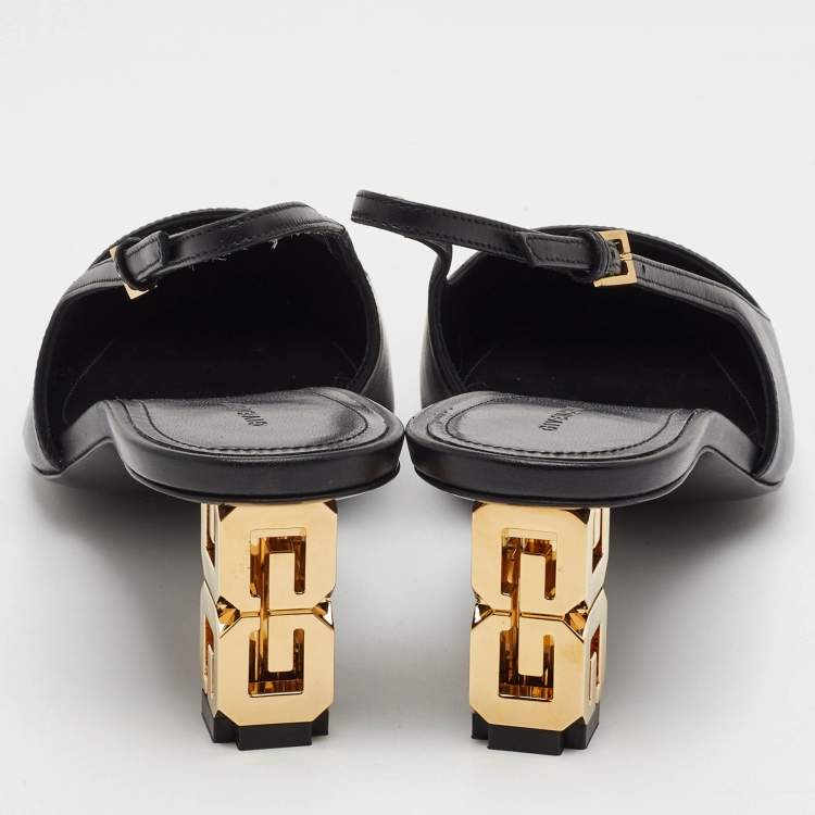 Pre Owned Givenchy G Cube Size 37.5 Black Leather Pointed Toe Slingback Pumps