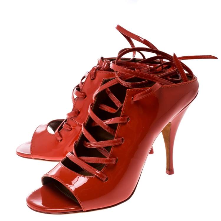 Pre Owned Givenchy Coral Red Patent Leather Lace Up Backless Mule Sandals Size 36