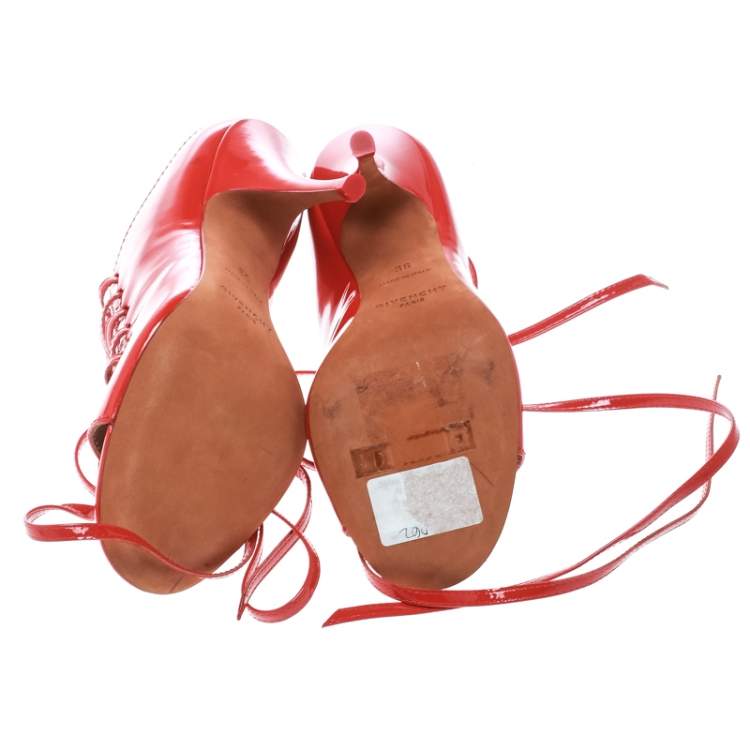Pre Owned Givenchy Coral Red Patent Leather Lace Up Backless Mule Sandals Size 36