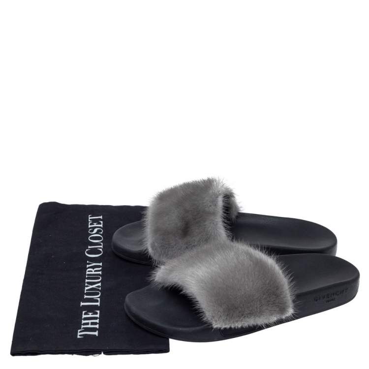 Pre Owned Givenchy Grey Mink Fur Flat Slides Size 40