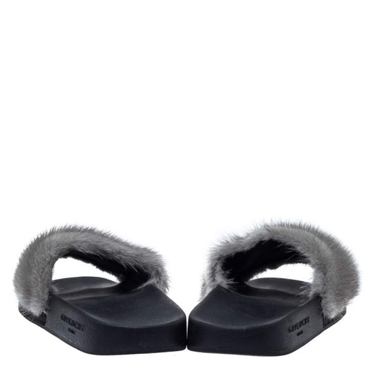 Pre Owned Givenchy Grey Mink Fur Flat Slides Size 40