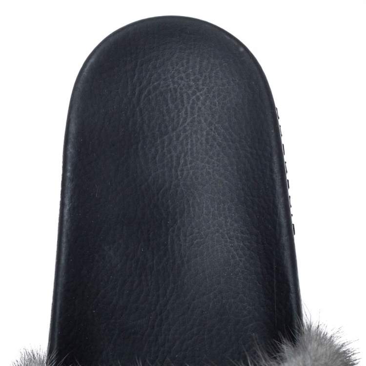 Pre Owned Givenchy Grey Mink Fur Flat Slides Size 40
