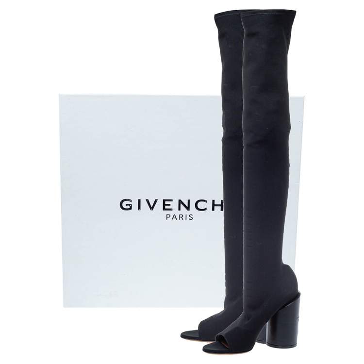 Pre Owned Givenchy Black Stretch Fabric Edgy Over The Knee Open Toe Boots Size 38.5