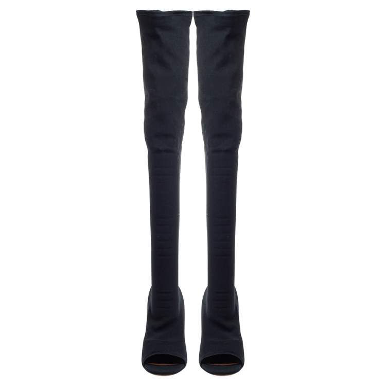 Pre Owned Givenchy Black Stretch Fabric Edgy Over The Knee Open Toe Boots Size 38.5