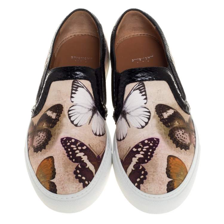 Pre Owned Givenchy Multi Color Python Trim and Leather Butterfly Print Round Toe Slip On Sneakers Size 37.5