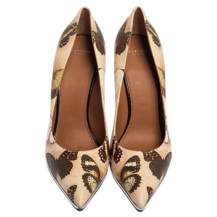 Pre Owned Givenchy Beige Satin Butterfly Printed Pointed Toe Pumps Size 40.5