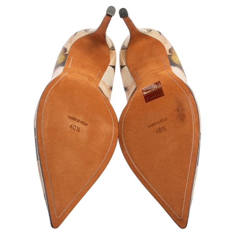 Pre Owned Givenchy Beige Satin Butterfly Printed Pointed Toe Pumps Size 40.5