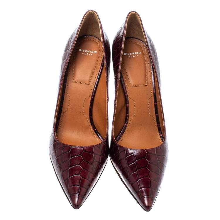 Pre Owned Givenchy Burgundy Croc Embossed Leather Pointed Toe Pumps Size 40