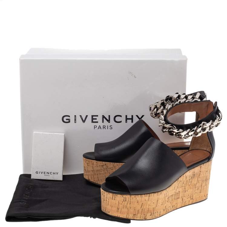 Pre Owned Givenchy Black Leather Cork Wedge Chain Ankle Cuff Sandals Size 36