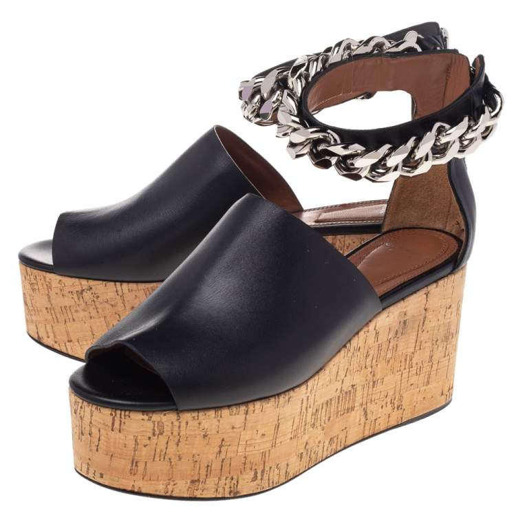 Pre Owned Givenchy Black Leather Cork Wedge Chain Ankle Cuff Sandals Size 36