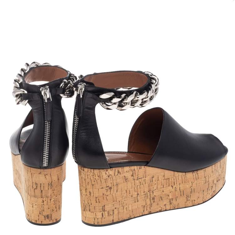 Pre Owned Givenchy Black Leather Cork Wedge Chain Ankle Cuff Sandals Size 36