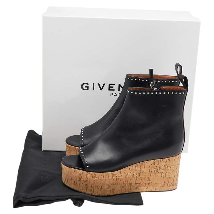 Pre Owned Givenchy Black Studded Leather Cork Wedge Open Toe Ankle Booties Size 37