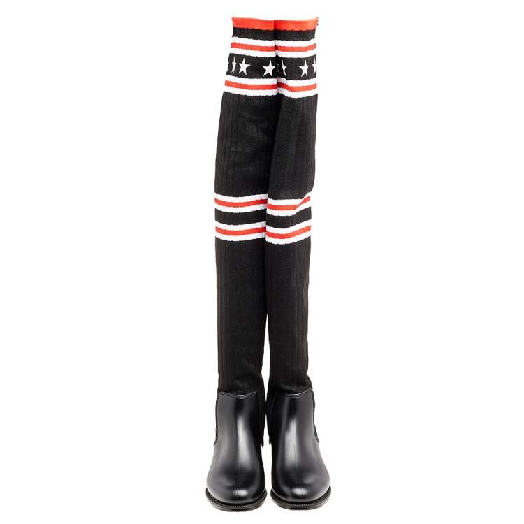 Pre Owned Givenchy Black Rubber And Knit Fabric Storm Thigh High  Knee Sock Boots Size 38