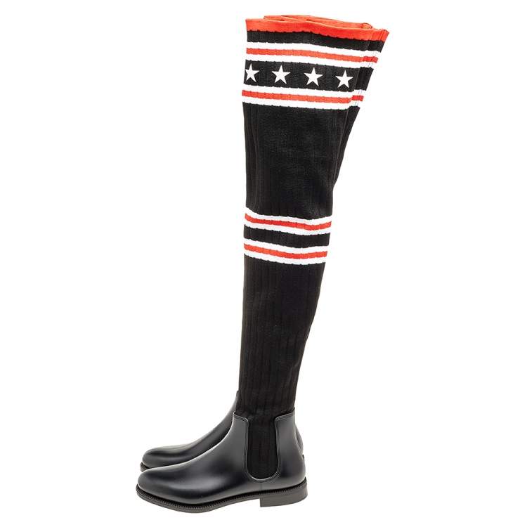 Pre Owned Givenchy Black Rubber And Knit Fabric Storm Thigh High  Knee Sock Boots Size 38