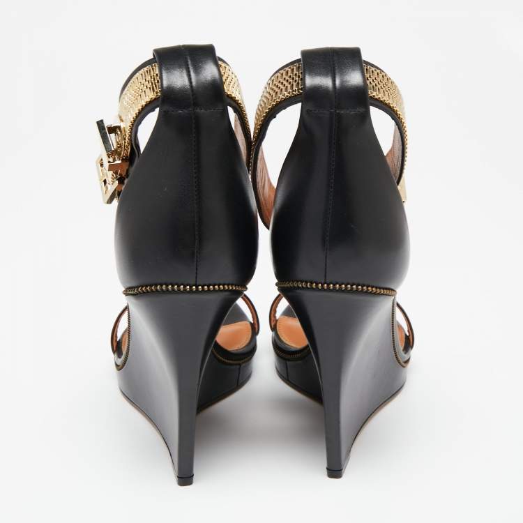 Pre Owned Givenchy Black Leather Zipper Trim Ankle-Strap Platform Wedge Sandals Size 40