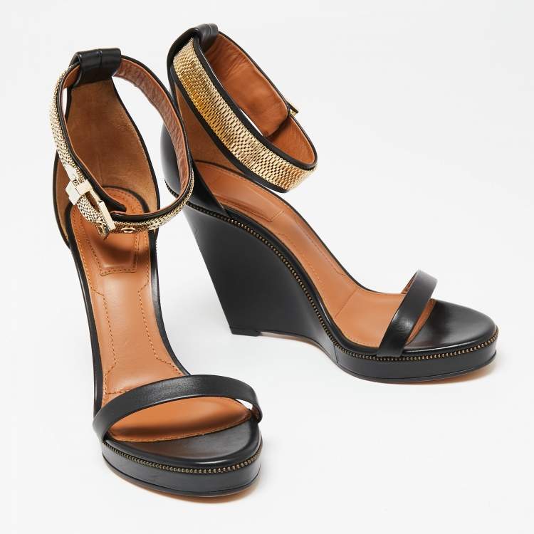 Pre Owned Givenchy Black Leather Zipper Trim Ankle-Strap Platform Wedge Sandals Size 40