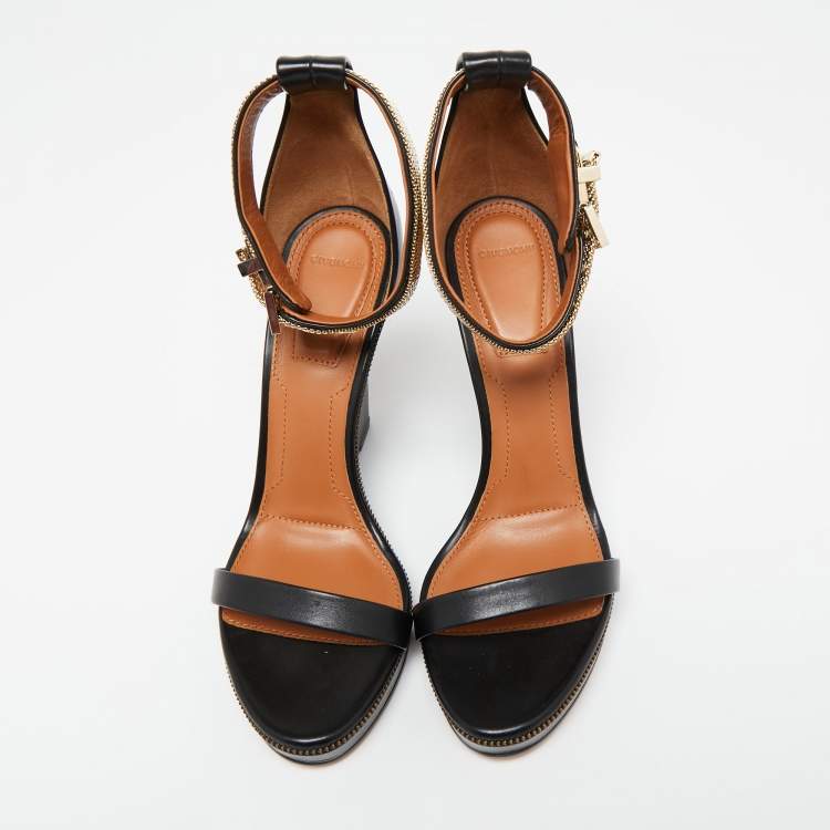 Pre Owned Givenchy Black Leather Zipper Trim Ankle-Strap Platform Wedge Sandals Size 40