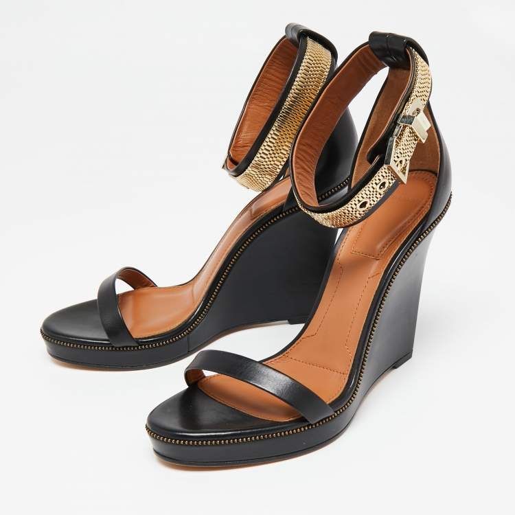 Pre Owned Givenchy Black Leather Zipper Trim Ankle-Strap Platform Wedge Sandals Size 40