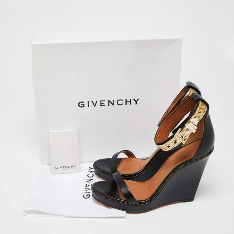Pre Owned Givenchy Black Leather Zipper Trim Ankle-Strap Platform Wedge Sandals Size 40