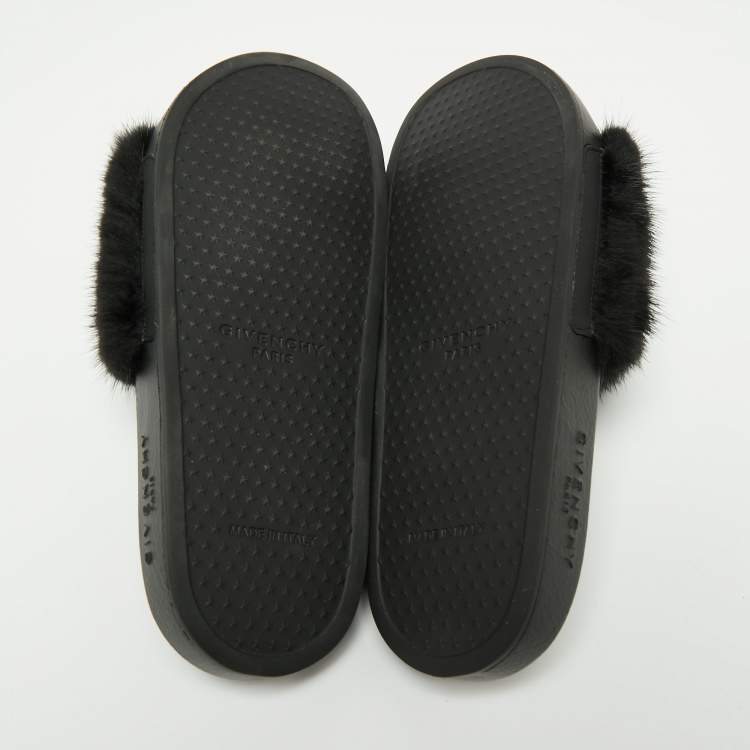 Pre Owned Givenchy Black Mink Fur Pool Slide Sandals Size 37