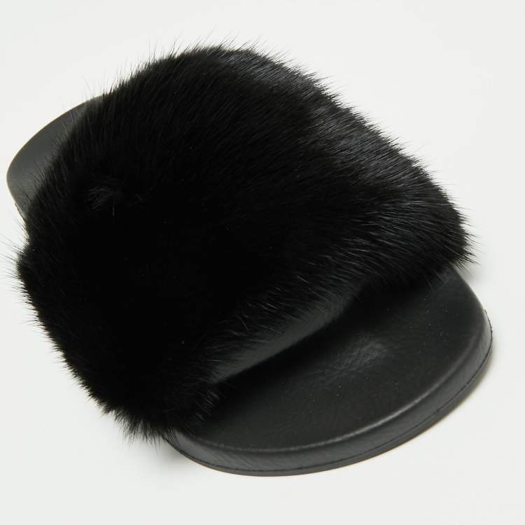 Pre Owned Givenchy Black Mink Fur Pool Slide Sandals Size 37