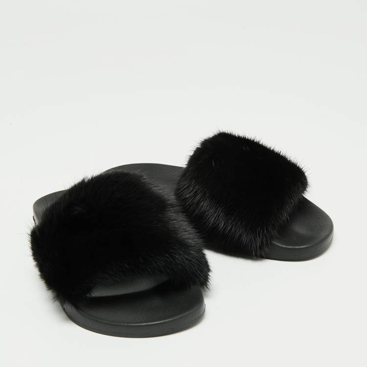 Pre Owned Givenchy Black Mink Fur Pool Slide Sandals Size 37
