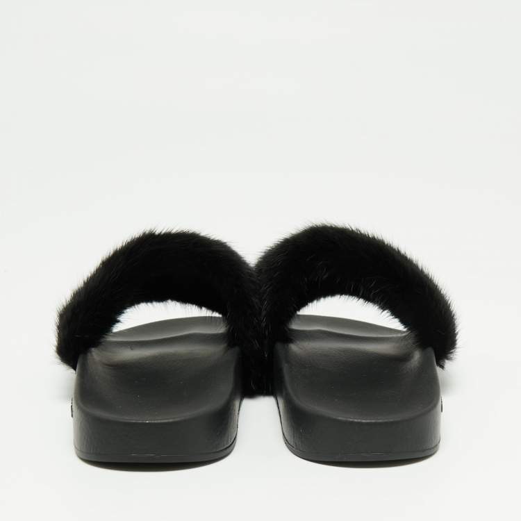 Pre Owned Givenchy Black Mink Fur Pool Slide Sandals Size 37